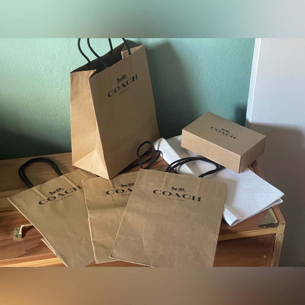 Lot of 4 COACH Paper Shopping Bags 8x10x4.5”, Box 4.5x6.5x2”, 10 sheets of paper